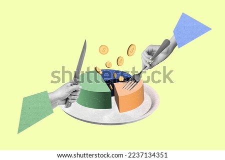 Creative collage image of two black white gamma hands hold knife fork cut eat money coin diagram cake plate isolated on drawing background Royalty-Free Stock Photo #2237134351