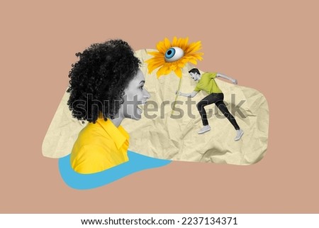 Exclusive magazine picture sketch collage image of funky funny guy delivering eye flower isolated painting background