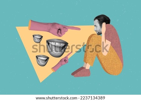 Collage artwork graphics picture of arms pointing fingers stressed depressed guy head isolated painting background Royalty-Free Stock Photo #2237134389