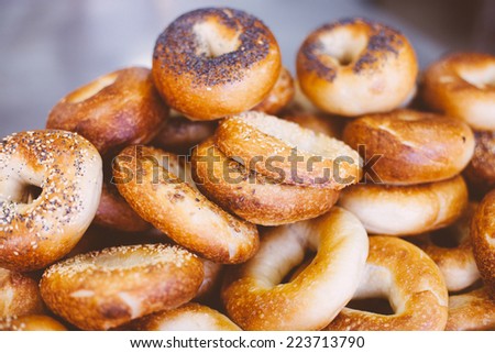 Stacked Freshly Baked Bread Bagels  Royalty-Free Stock Photo #223713790