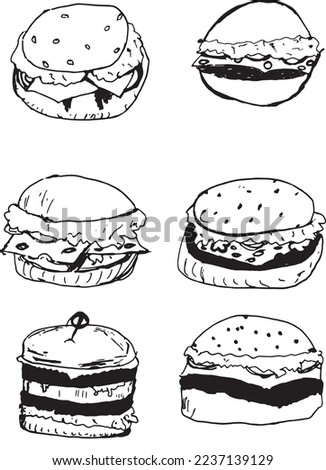 vector burgers. freehand drawing. design for restaurants and cafes. black and white image.