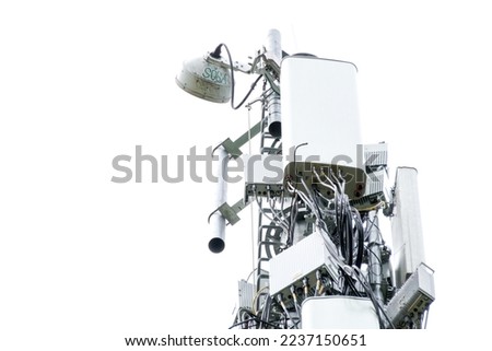 4G and 5G Cell site, Telecommunication tower radio tower or mobile phone base station. Development of communication systems in urban area. Royalty-Free Stock Photo #2237150651