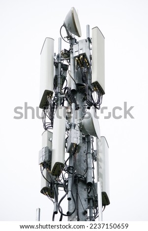4G and 5G Cell site, Telecommunication tower radio tower or mobile phone base station. Development of communication systems in urban area. Royalty-Free Stock Photo #2237150659