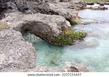 The close view of deeply eroded rocky shore in Tadine village on Mare island (New Caledonia). Royalty-Free Stock Photo #2237155647