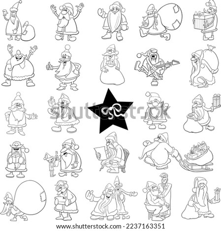 Black and white cartoon illustration of Santa Clauses Christmas holiday characters big set