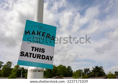 blue and white makers market sign, market for artists and designers, copy space