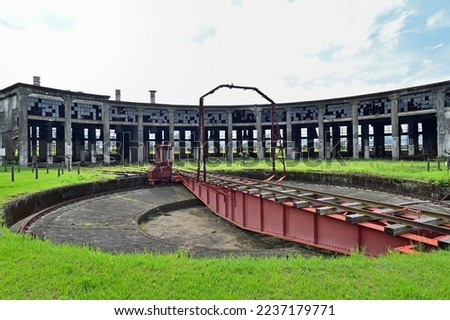 Bungo Mori Roundhouse is railroad heritage in Kusu town, Oita prefecture, Japan. There is a railway turntable for changing direction of the locomotive. Royalty-Free Stock Photo #2237179771