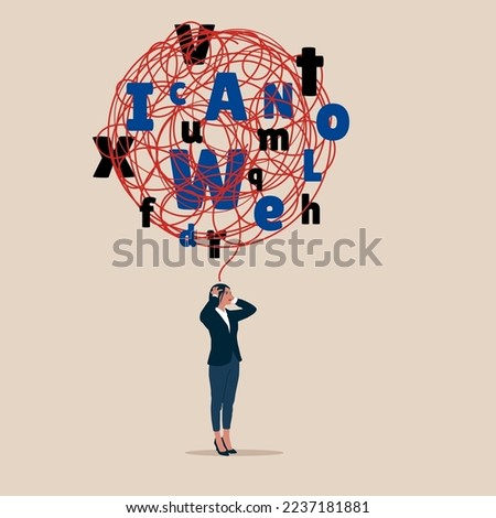 Confused businesswoman with a cloud of scattered letters above his head. Dyslexia concept. Learning disability. Support relief anxiety or depression. Mental health treatment or psychology support.