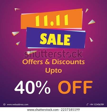 11.11 sale offer and discount banner, suitable for business and marketing, orange and violet purple