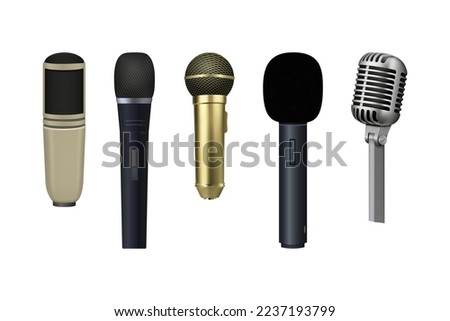 Retro mic. 3D karaoke microphone. Old radio mike. Realistic music studio singer concept. Vintage audio equipment for voice volume. Classic stereo devices set. Vector design illustration