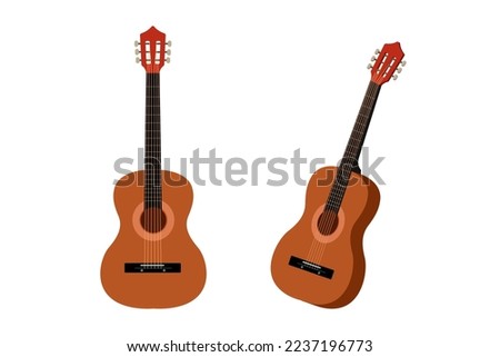 Guitar in two angles, front and three-quarter, side view. Guitar six-stringed, classical, woody color. Musical string instruments. Vector illustration isolated on white background