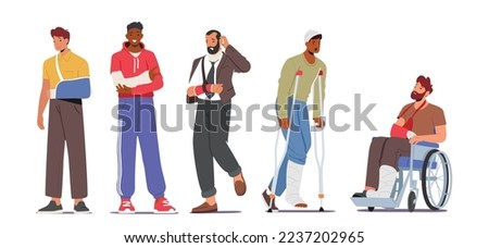 Set of Men with Fracture Isolated on White Background. Male Characters with Broken Legs and Arms Wear Bandage or Drive Wheelchair after Accident Traumatology Injury. Cartoon People Vector Illustration Royalty-Free Stock Photo #2237202965