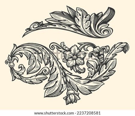Ornate swirling floral motif. Decorative floral design elements. Pattern vector illustration in vintage engraving style Royalty-Free Stock Photo #2237208581