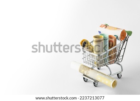 rolls of money in a shopping cart. Online store orders. free space for text. High quality photo