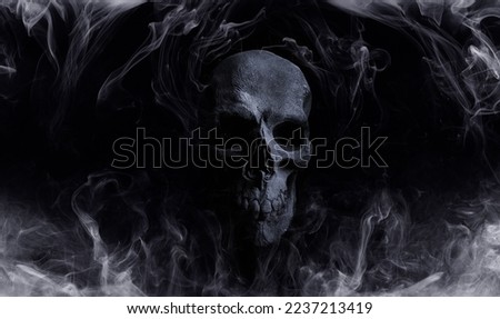 Scary grunge skull wallpaper. Mystical smoke background with free space for text. Horizontal banner with copy space for popular social media website cover image. Royalty-Free Stock Photo #2237213419