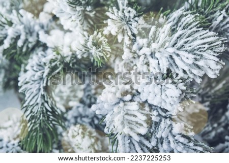 Christmas background. Frosty snow fir tree branches with garland lights or bokeh. Christmas and New Year greeting card. Christmas scene wide screen holiday border. Winter banner with copy space.