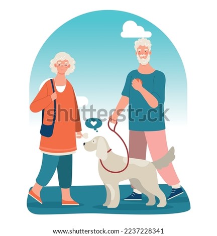 Grandfather with happy dog. Family on walk with pet, active lifestyle and routine, household chores. Love and care for animals. Retirees in city or town park. Cartoon flat vector illustration