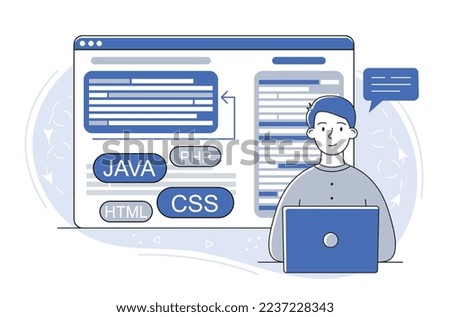 Programming languages concept. Young guy with laptop develops programs, software and applications. IT specialist and technical support employee. Poster or banner. Cartoon flat vector illustration
