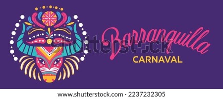 Barranquilla carnaval banner. Traditional Colombian holiday or festival. Masquerade and party. Greeting and invitation postcard design. Bright mask with feathers. Cartoon flat vector illustration