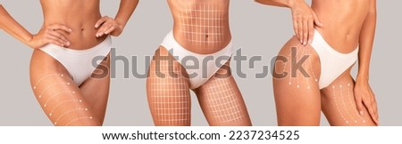 Young european women in bikini with perfect skin, slim figure with lines for body shaping or drainage massage isolated on gray background. Fit female, plastic surgery, workout result and slimming Royalty-Free Stock Photo #2237234525