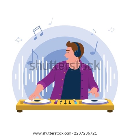 Vector illustration of DJ. Cartoon scene with a guy who plays music on the equipment and melody flies around him on white background.