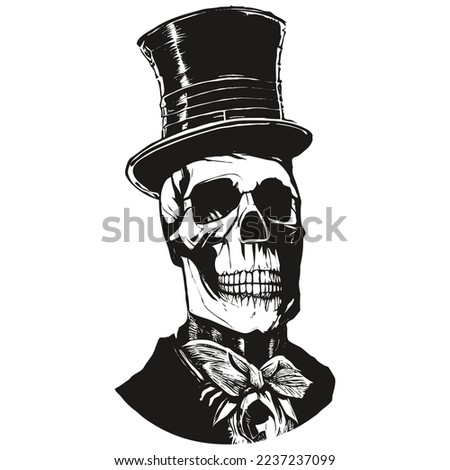 top hat skull tattoo image vector hand drawn ,black and white clip art

