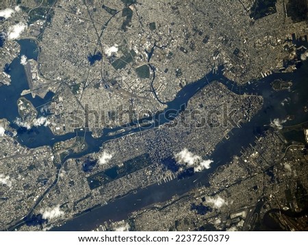 Aerial view from space by the international space station of Manhattan, New York on September 11, 2019. 18 years after the attack. Digitally enhanced. Elements of this image furnished by NASA. 