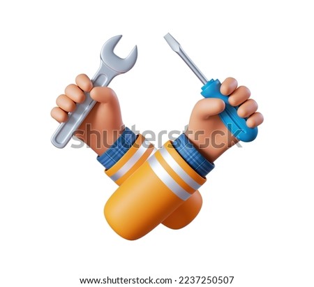 3d render, cartoon human hands hold screwdriver and spanner wrench. Professional builder or constructor with building tool. Construction icon. Renovation service clip art isolated on white background