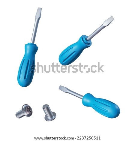 3d render, manual screwdriver tool with blue handle and metal bolts. Construction clip art isolated on white background