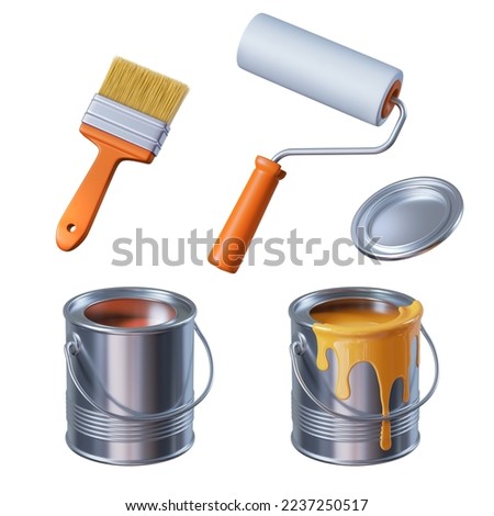 3d rendering, paint roller brush and bucket, painting tools isolated on white background, renovation clip art