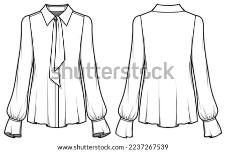 Women bishop sleeve bow blouse design flat sketch fashion illustration with front and back view. Casual wear blouse drawing vector template Royalty-Free Stock Photo #2237267539