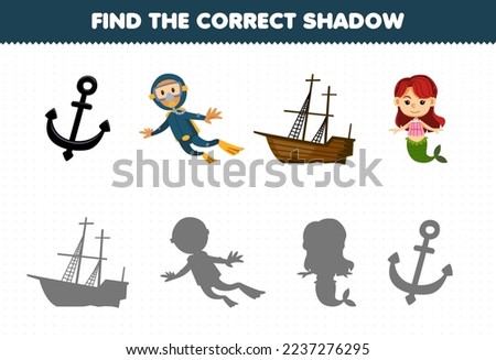 Education game for children find the correct shadow set of cute cartoon anchor diver wrecked ship mermaid printable underwater worksheet