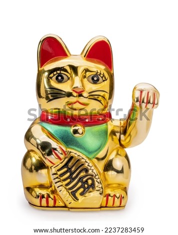 Maneki-neko money cat isolate on white with clipping path, lucky cat glitter gold is mean welcoming more money and gold, good luck good fortune to the owner. Royalty-Free Stock Photo #2237283459