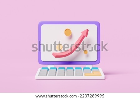3d stock market uptrend chart with investing in different currencies, on laptop computer screen isolated on pink background. business data analysis concept, 3d render illustration, clipping path