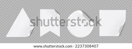 Set of white stickers with peel off corners png isolated on background. Realistic vector illustration of triangle, flag, round and square shape adhesive labels with flip edge. Marketing tags mockup Royalty-Free Stock Photo #2237308407
