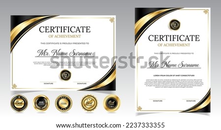 Black and gold certificate of appreciation border template with luxury badge and modern line and shapes. For award, business, and education needs. Diploma vector template Royalty-Free Stock Photo #2237333355