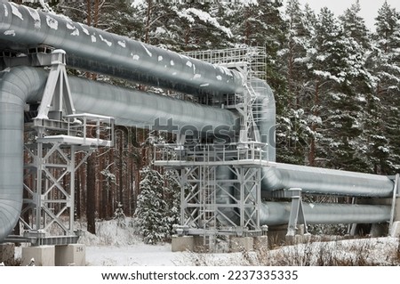 pipeline,pictured pipeline in winter against the background of a snow-covered forest and gray sky close-up
