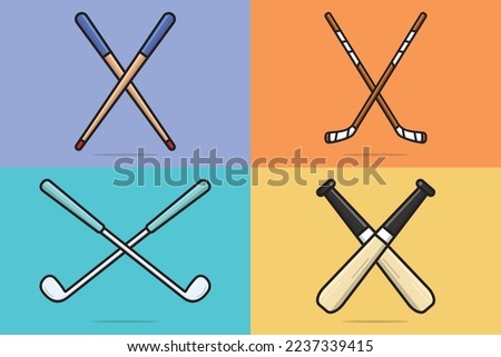 Collection of Sport Game Sticks vector illustration. Sport object icon concept. Set of Sticks Billiard Wooden, Baseball, Golf Sticks, Hockey sticks in cross sign vector design with shadow.