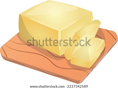 Brick of butter on a wooden board. Dairy product cartoon vector Illustration. Vector butter icon
