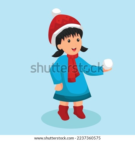 Christmas Little Girl with Snowball Character Design Illustration