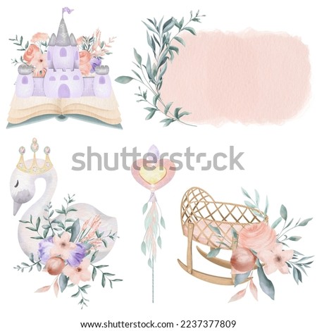 Set of watercolor fairy tale elements of princess story (purple castle in fairy tale book, Magic wand, princess swan, cradle), isolated illustration on a white background, baby shower girl clipart