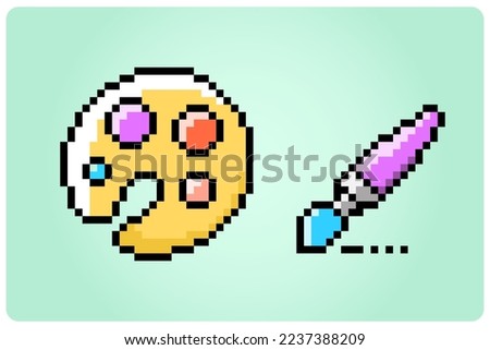 8 bit pixel paint tool equipment, for game assets and cross stitches in vector illustrations.