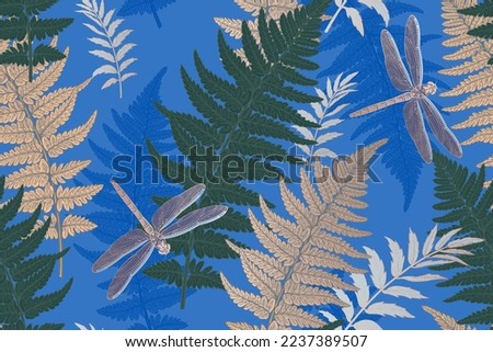 Fern leaves and dragonflies. Seamless pattern. Natural background. Bright Blue and gold foil print. Vector illustration. Template for textile, wallpaper, paper.