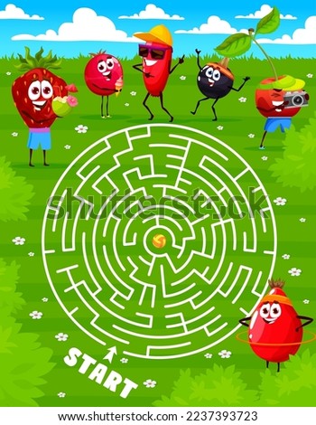 Help cartoon berry characters find a volleyball ball labyrinth maze game. Kids vector quiz with strawberry, cranberry, barberry, black currant and cherry with rosehip searching ball on green meadow