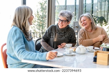 Group of elderly women have breakfast in a cafeteria, three retired female friends are celebrating an anniversary drinking tea and coffee and eating chocolate cakes Royalty-Free Stock Photo #2237394693