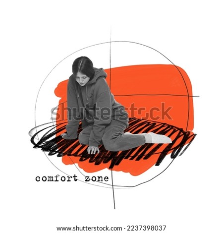 Contemporary art collage. Conceptual design. Young girl with mental health problems feeling depression, fears and sadness. Concept of psychology, inner world, mental health, comfort zone