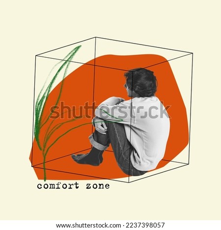 Contemporary art collage. Conceptual design. Sad, desperate young boy sitting and holding legs. Feeling stressful. Concept of psychology, inner world, mental health, comfort zone