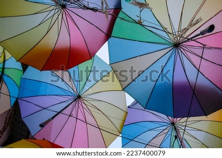 Detail of colored umbrellas in George Town, Malaysia.