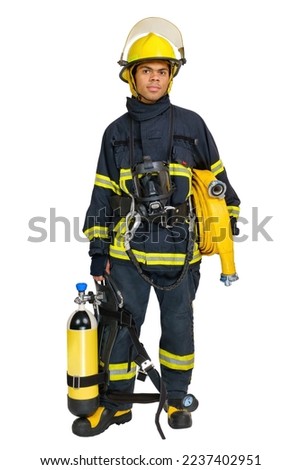 Full body young smiling African-American man in uniform of fireman with breathing air cylinder apparatus and full facepiece respirator and fire hose in hands, isolated on white background Royalty-Free Stock Photo #2237402951