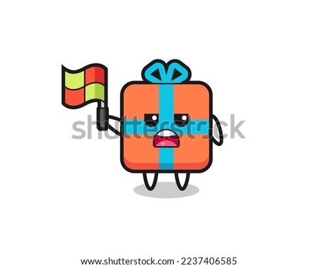 gift box character as line judge putting the flag up , cute style design for t shirt, sticker, logo element